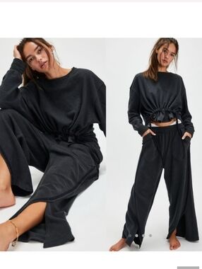 Intimately Free People Chill Beat Lounge Pants Terry Washed Black Smocked Waist